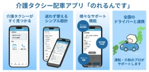 介護タクシー配車アプリ「のれるんです」 介護タクシーがすぐみつかる 迷わず使えるシンプル設計 様々なサポート機能(プッシュ通知機能、会計明細の確認、ポイント機能) 全国のドライバーと連携、運転・解除のプロがサポートします
